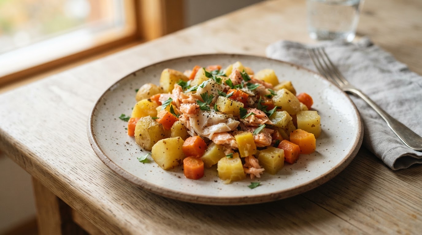 Ovnsbakt plukkfisk med potet, kålrot og gulrot – illustrasjonsbilde