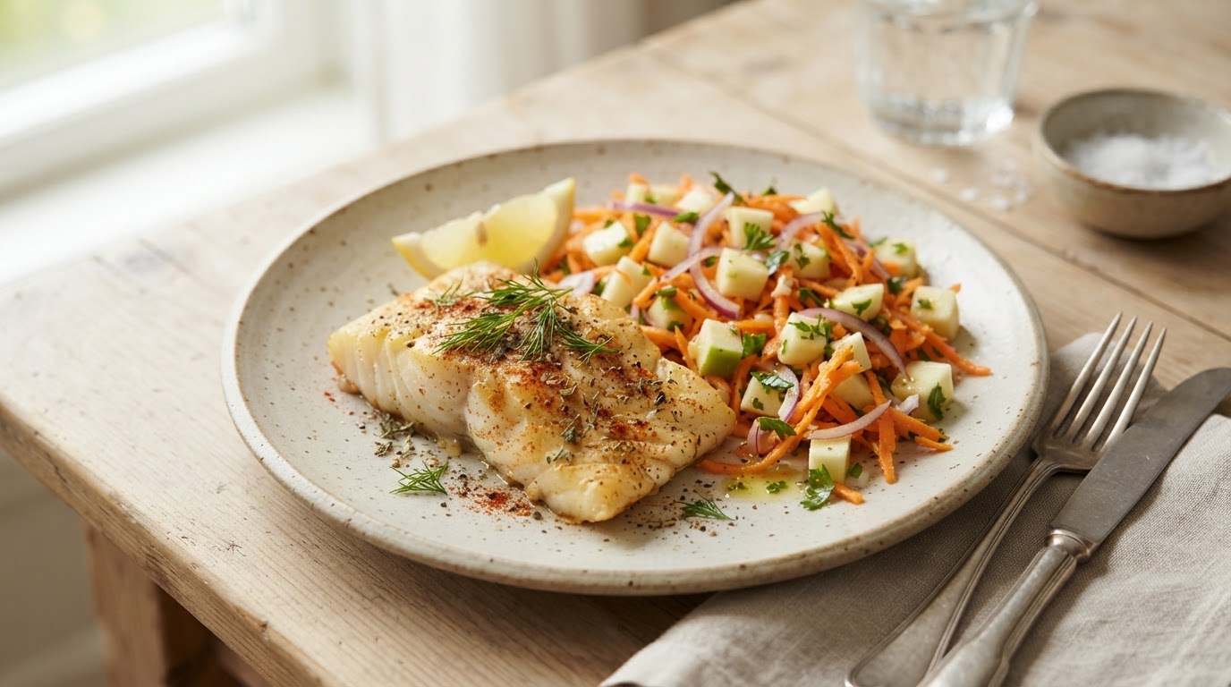 Ovnsbakt torsk med frsik eple- og gulrotsalat – slik ser retten ut