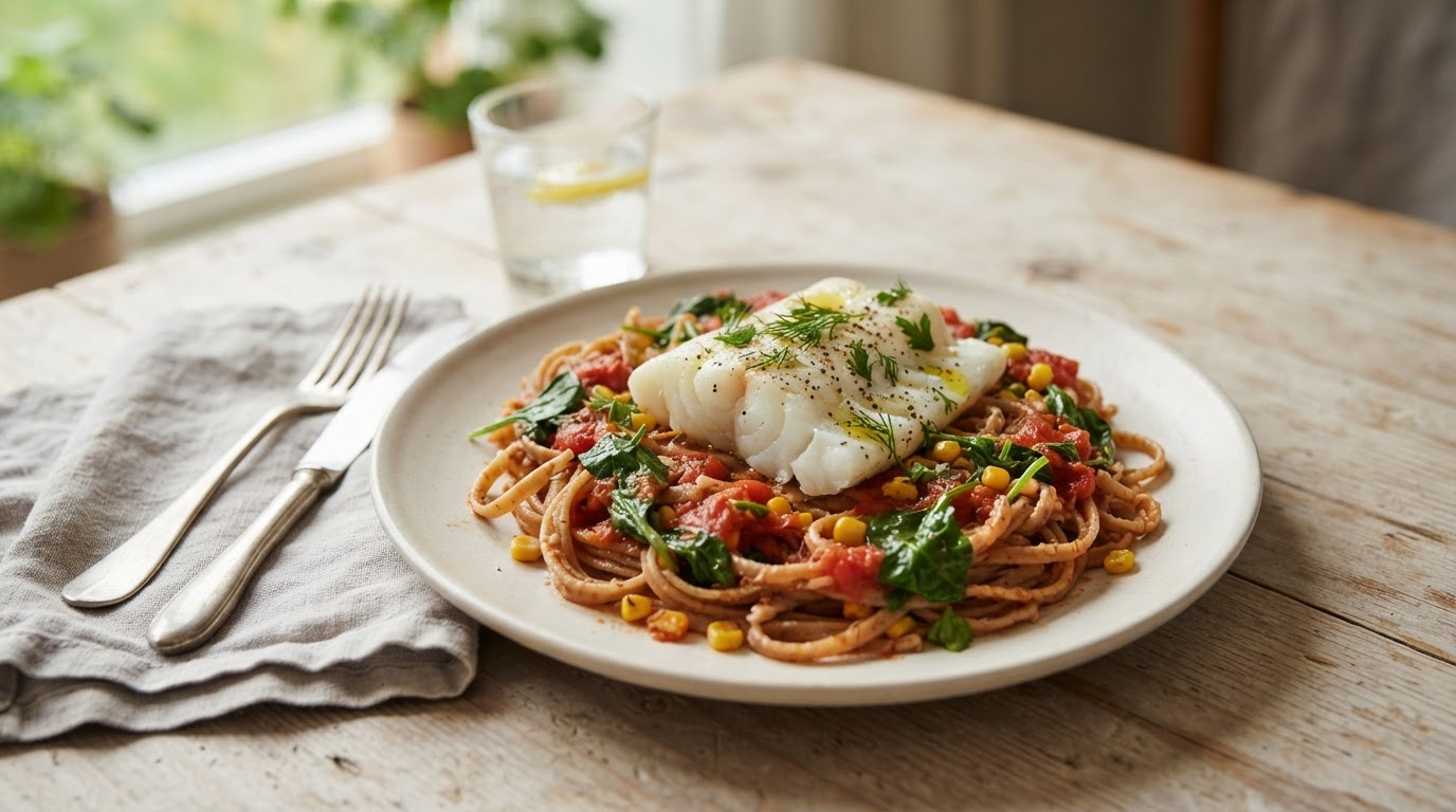 Ovnsbakt torsk med tomatsaus, spinat og pasta – illustrasjonsbilde