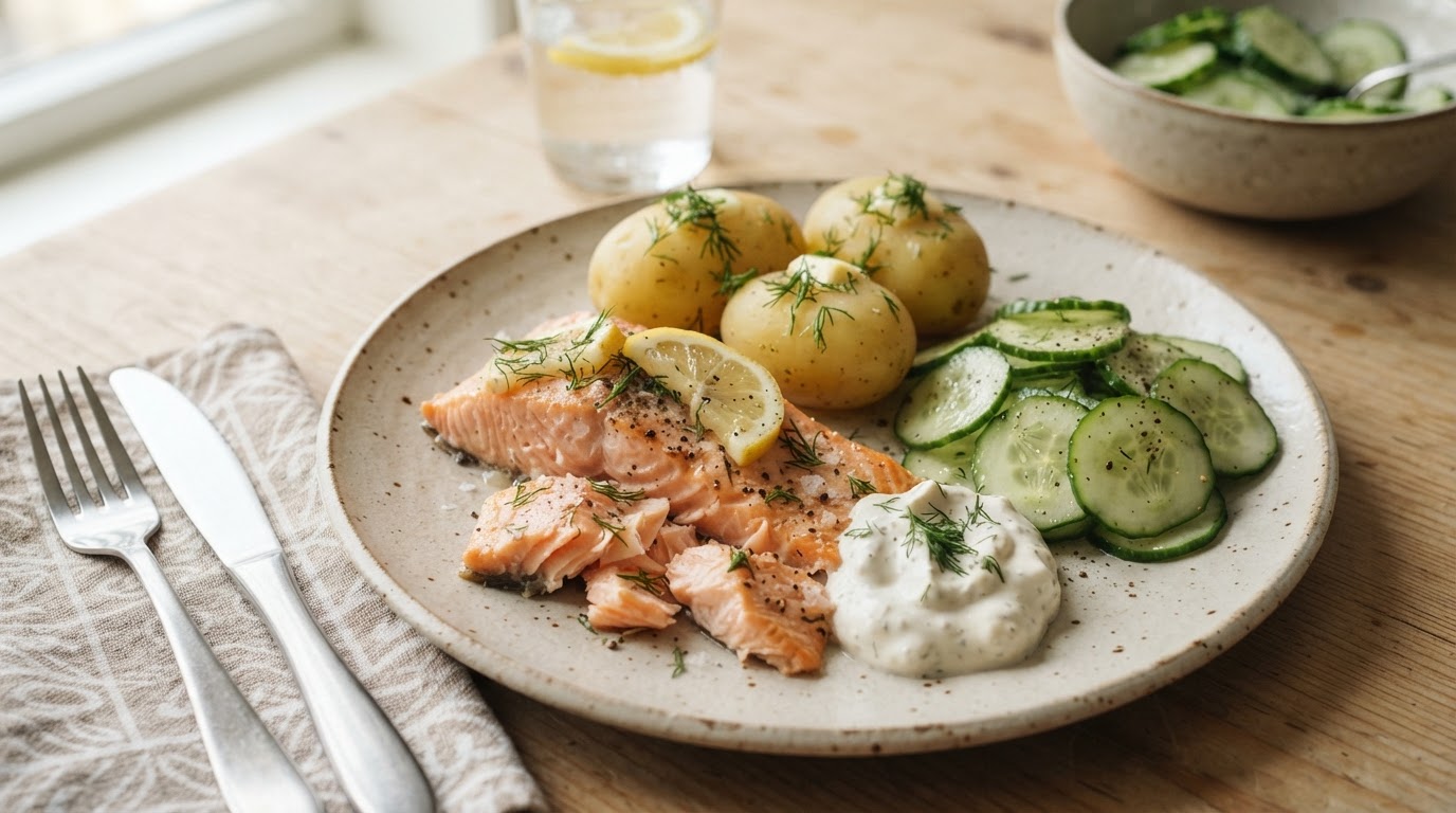 Ovnstekt laks med kokte poteter og agurksalat – illustrasjonsbilde
