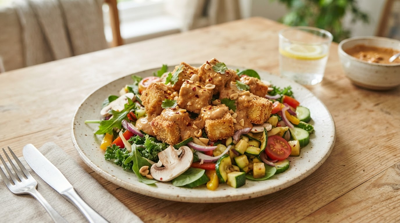 Panert tofu i peanøttsaus med sprø salat – illustrasjonsbilde