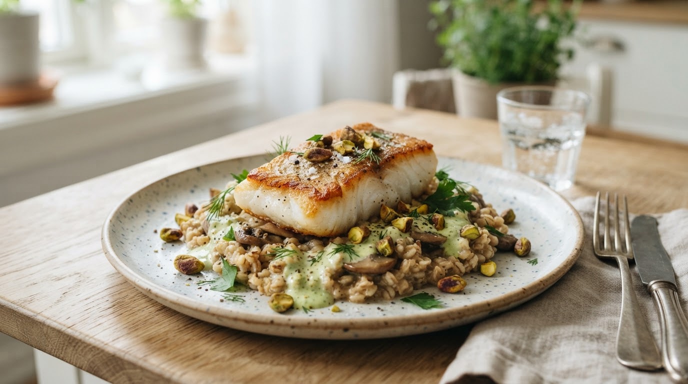Pannestekt kveite med grynstuing, kremet feta- og avokadodressing og pistasjnøtter – illustrasjonsbilde