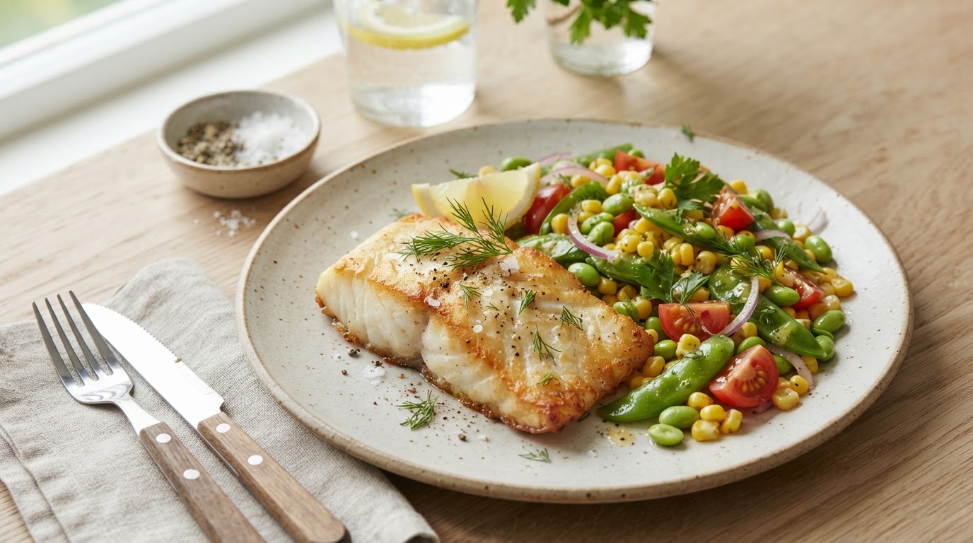 Pannestekt kveite med sprø augustsalat og edamame – illustrasjonsbilde