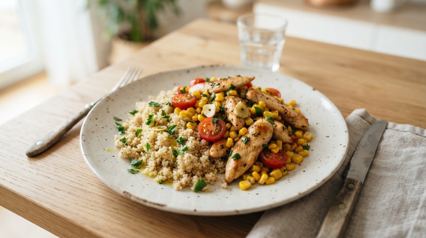 Pannestekt kylling med fersk augustmais og couscous – illustrasjonsbilde