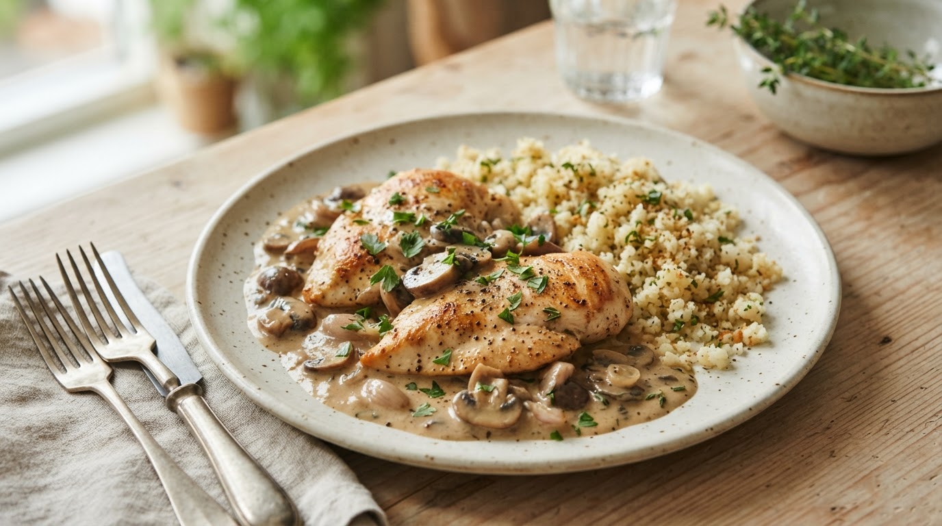 Pannestekt kyllingfilet i kremet soppsaus med blomkålris – slik ser retten ut