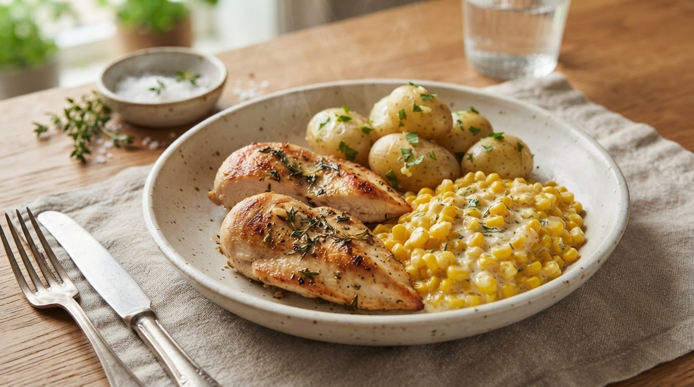 Pannestekt kyllingfilet med kremet fersk mais og nypoteter – slik ser retten ut