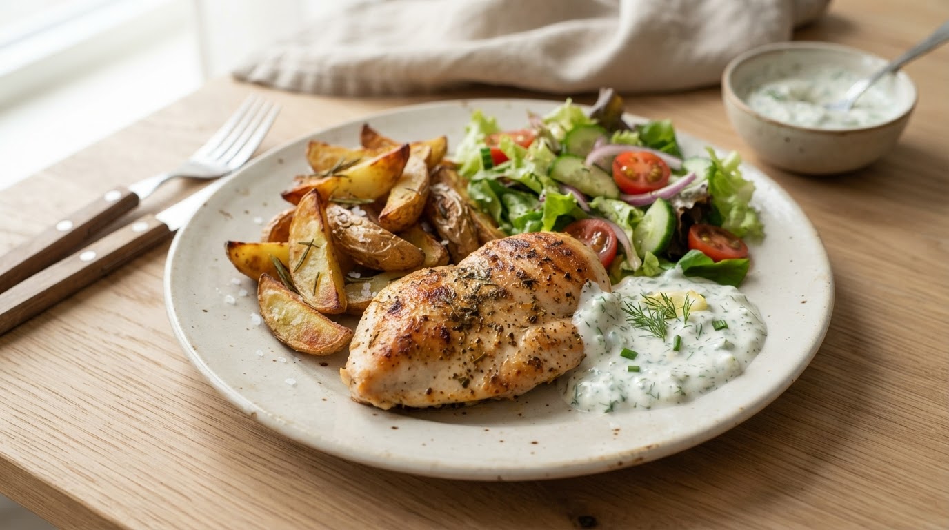 Pannestekt kyllingfilet med sprø potetbåter og urtedressing – illustrasjonsbilde