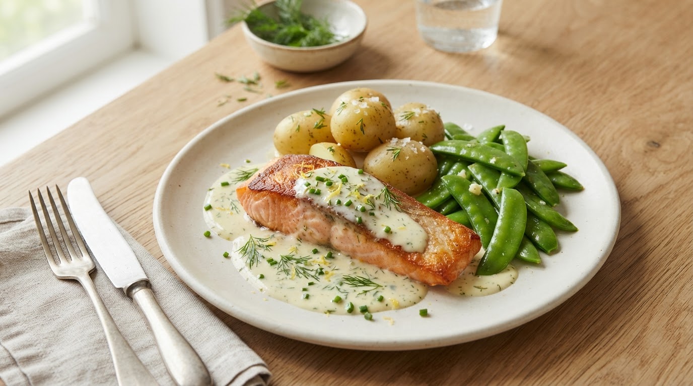Pannestekt laks med nypoteter, sukkererter og kremet sitronsaus – slik ser retten ut