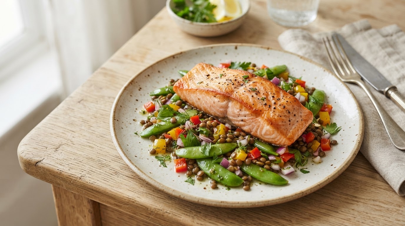 Pannestekt laks med varm linsesalat og sukkererter – illustrasjonsbilde
