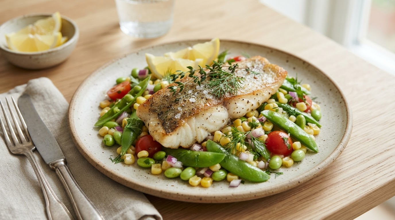 Pannestekt langefilet med lun edamame- og maissalat – illustrasjonsbilde