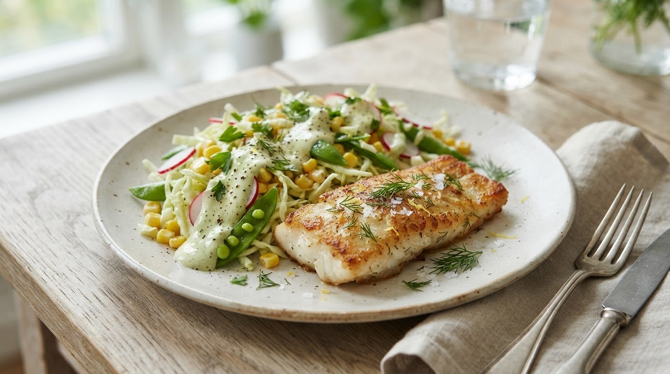 Pannestekt lyrfilet med sprø augustsalat og avokadodressing – illustrasjonsbilde