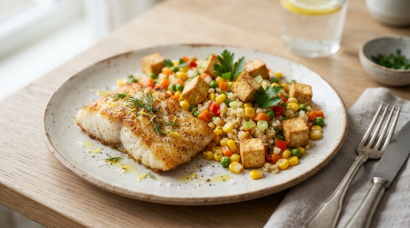 Pannestekt torsk og sprø tofu med blomkålris og fersk mais – slik ser retten ut