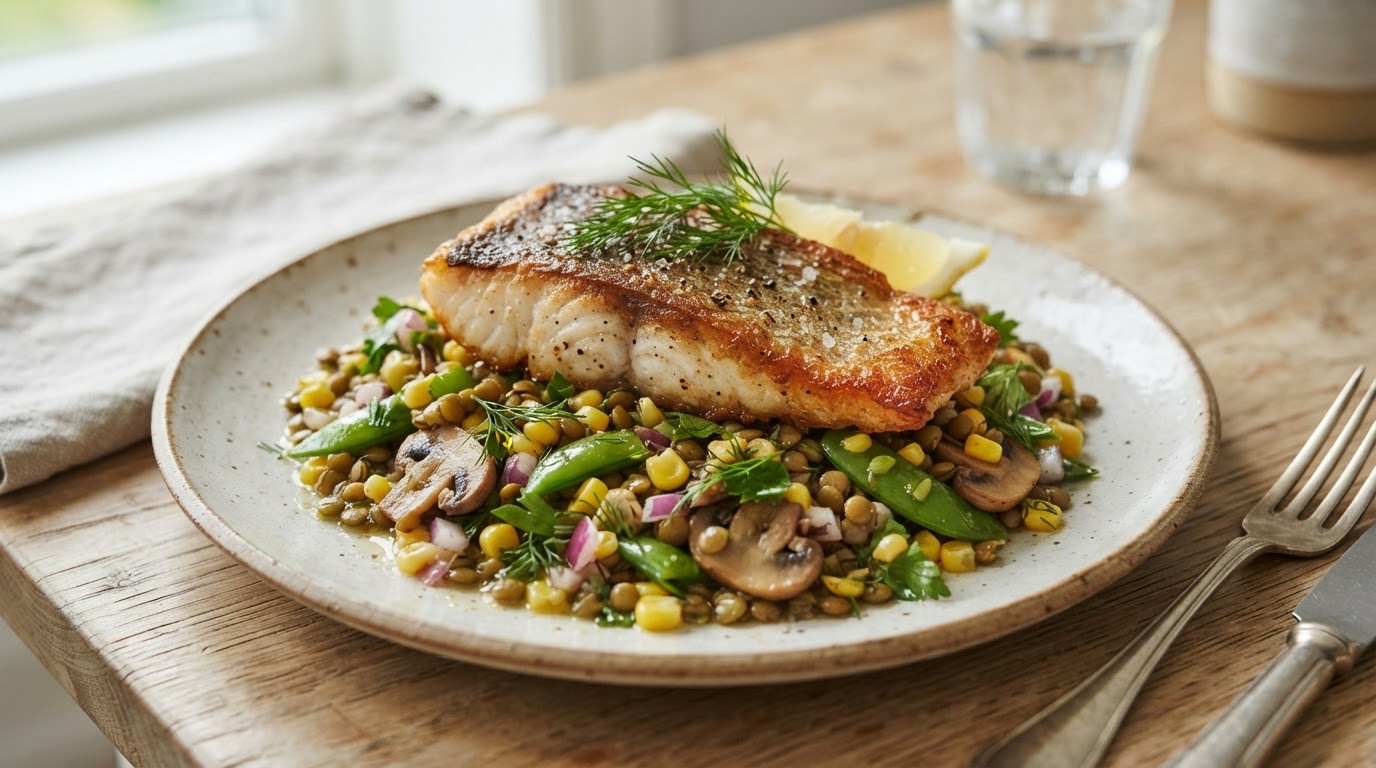 Pannestekt uerfilet med lun linsesalat og fersk mais – illustrasjonsbilde