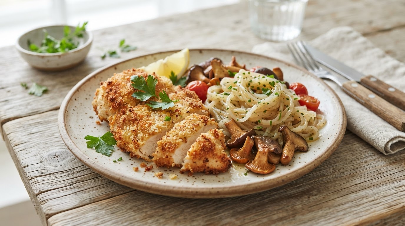 Parmesanstekt kyllingfilet med konjac-nudler og pannestekt sesongsopp – slik ser retten ut