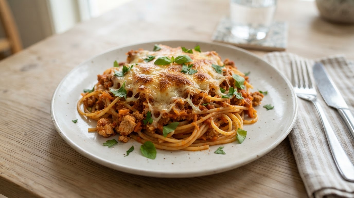 Pasta Bolognese med kylling og gratinert ost – illustrasjonsbilde