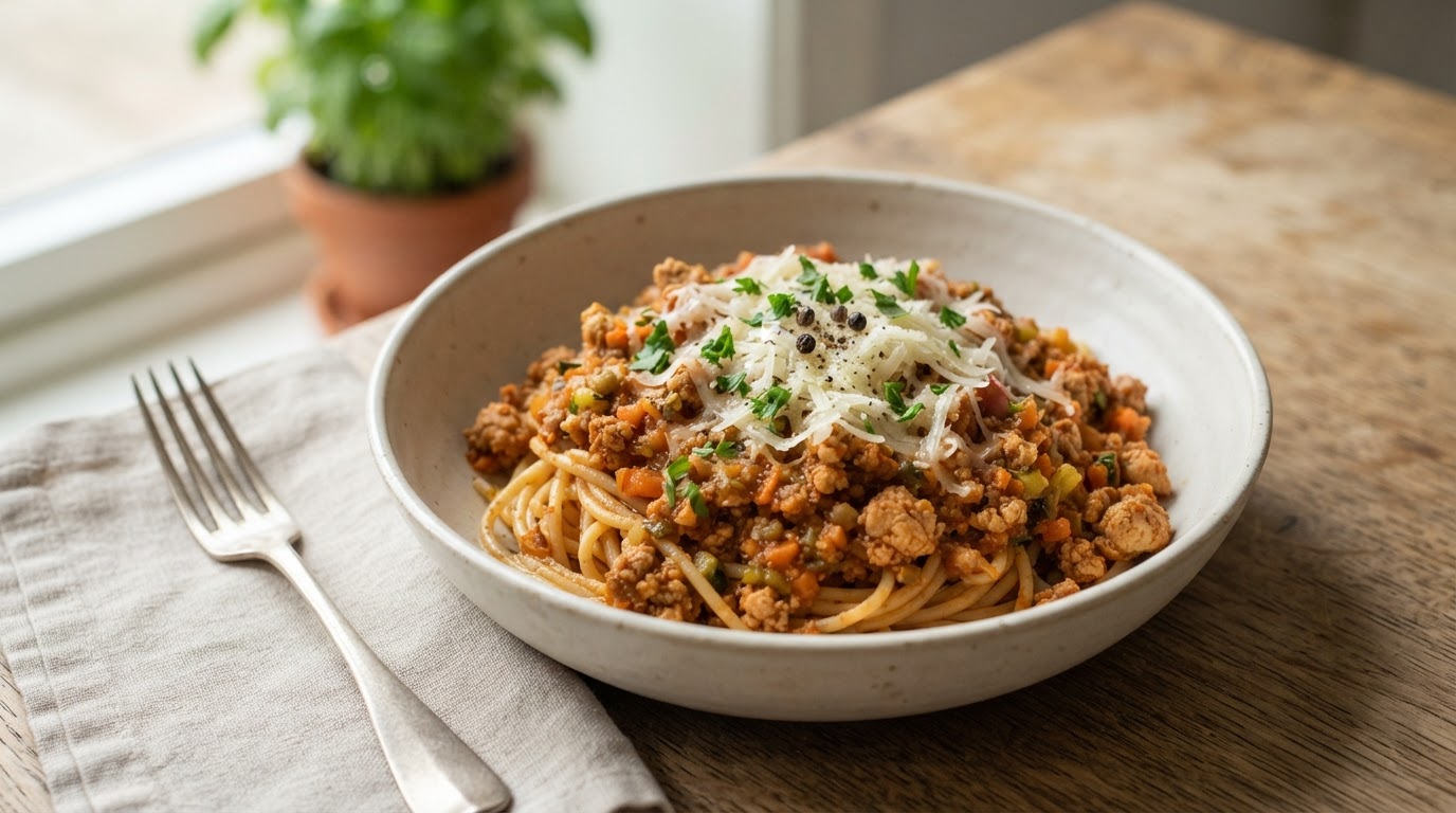 Pasta bolognese med kylling og skjulte grønnsaker – illustrasjonsbilde