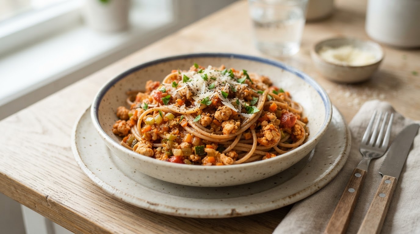 Pasta Bolognese med kyllingkjøttdeig og mye grønnsaker