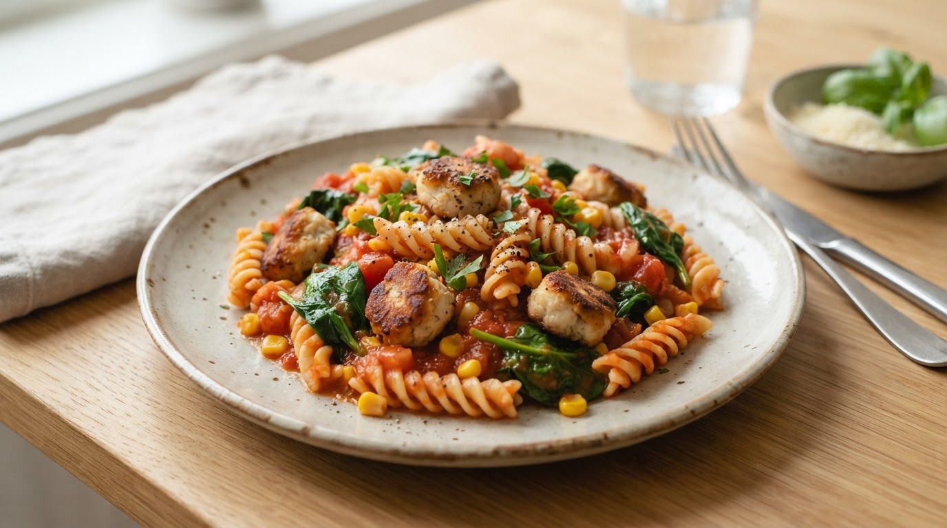 Pasta med fiskekaker i mild tomatsaus – illustrasjonsbilde