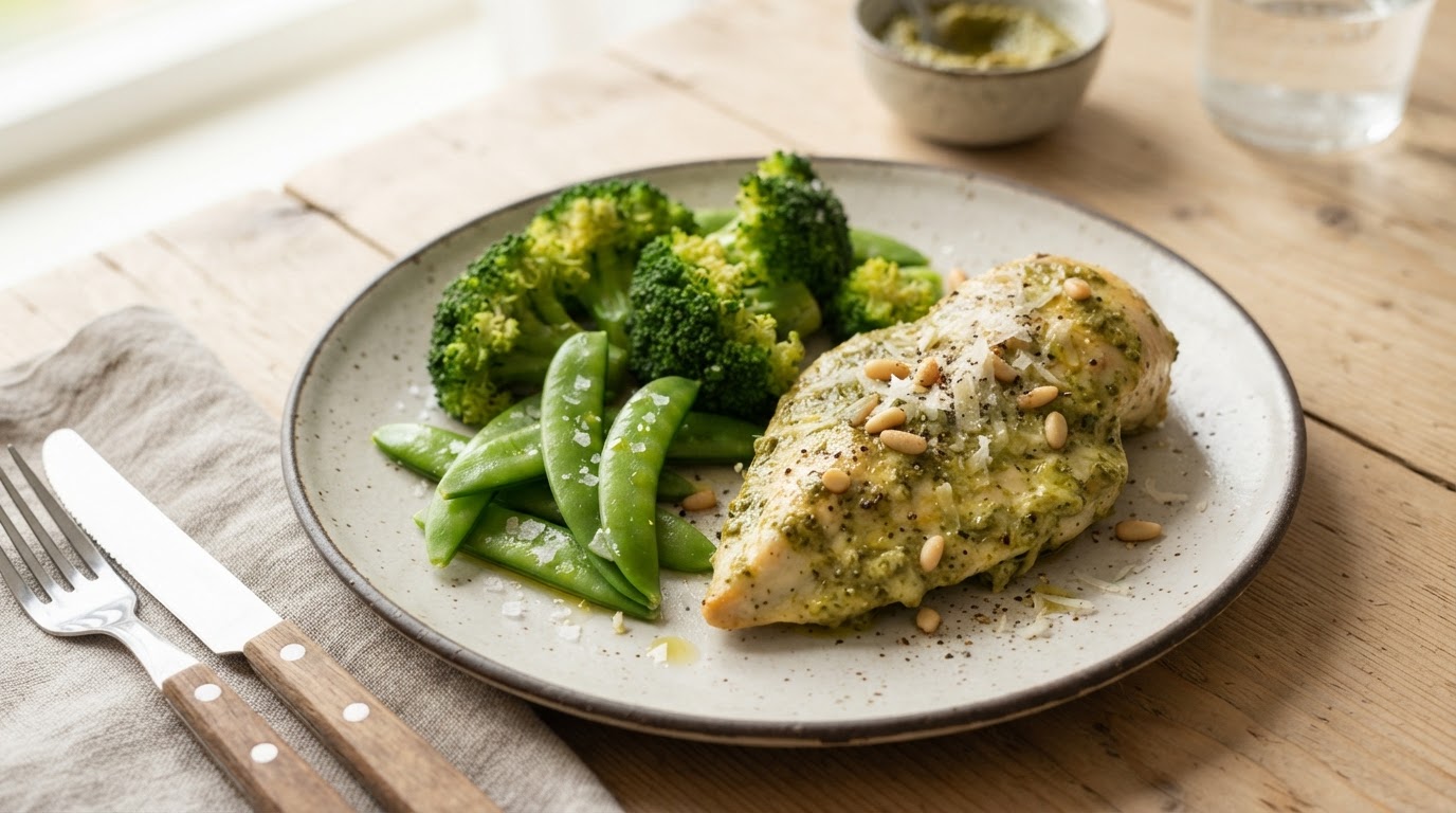 Pestobakt kyllingfilet med brokkoli og sukkererter – slik ser retten ut