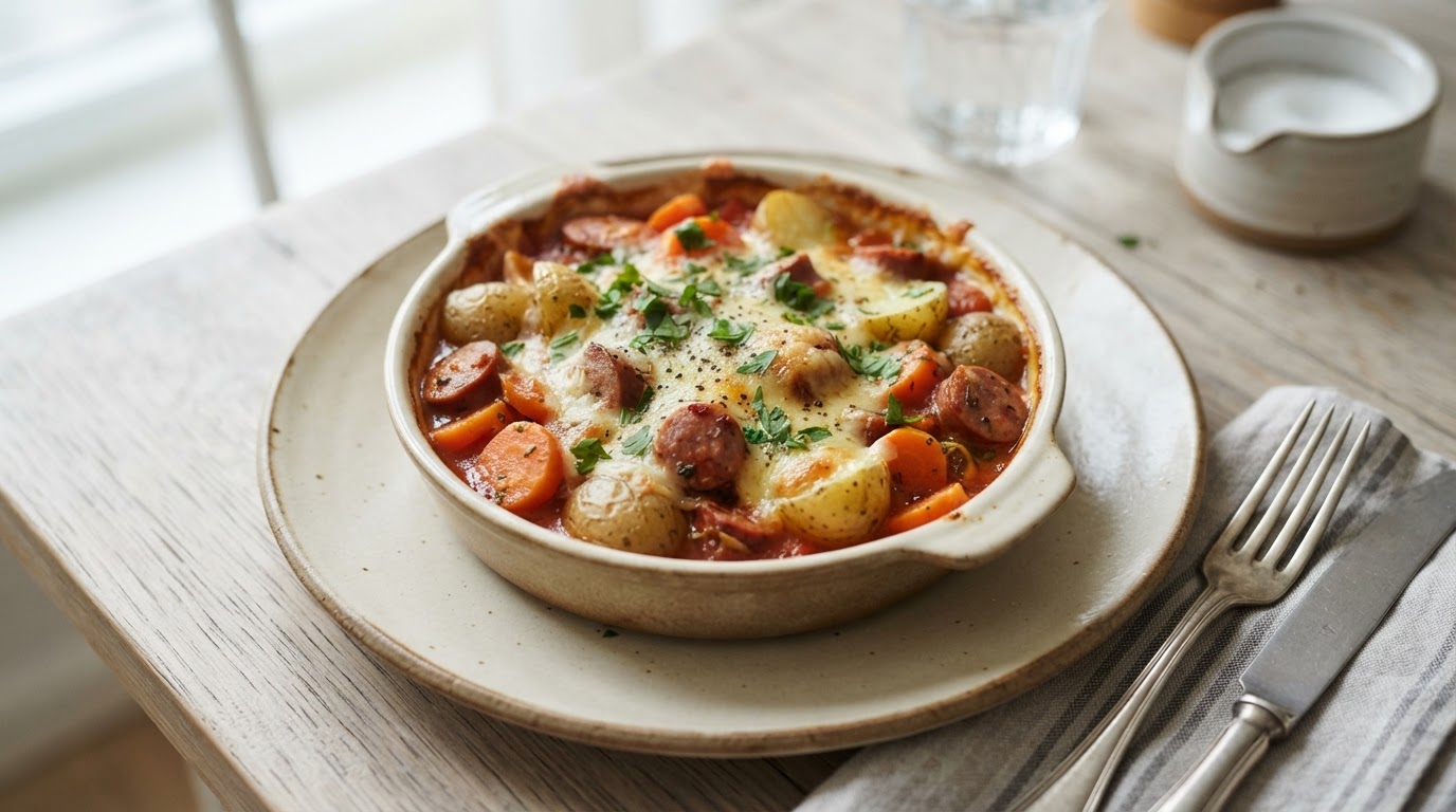 Pølse- og potetkasserolle i tomatsaus – illustrasjonsbilde