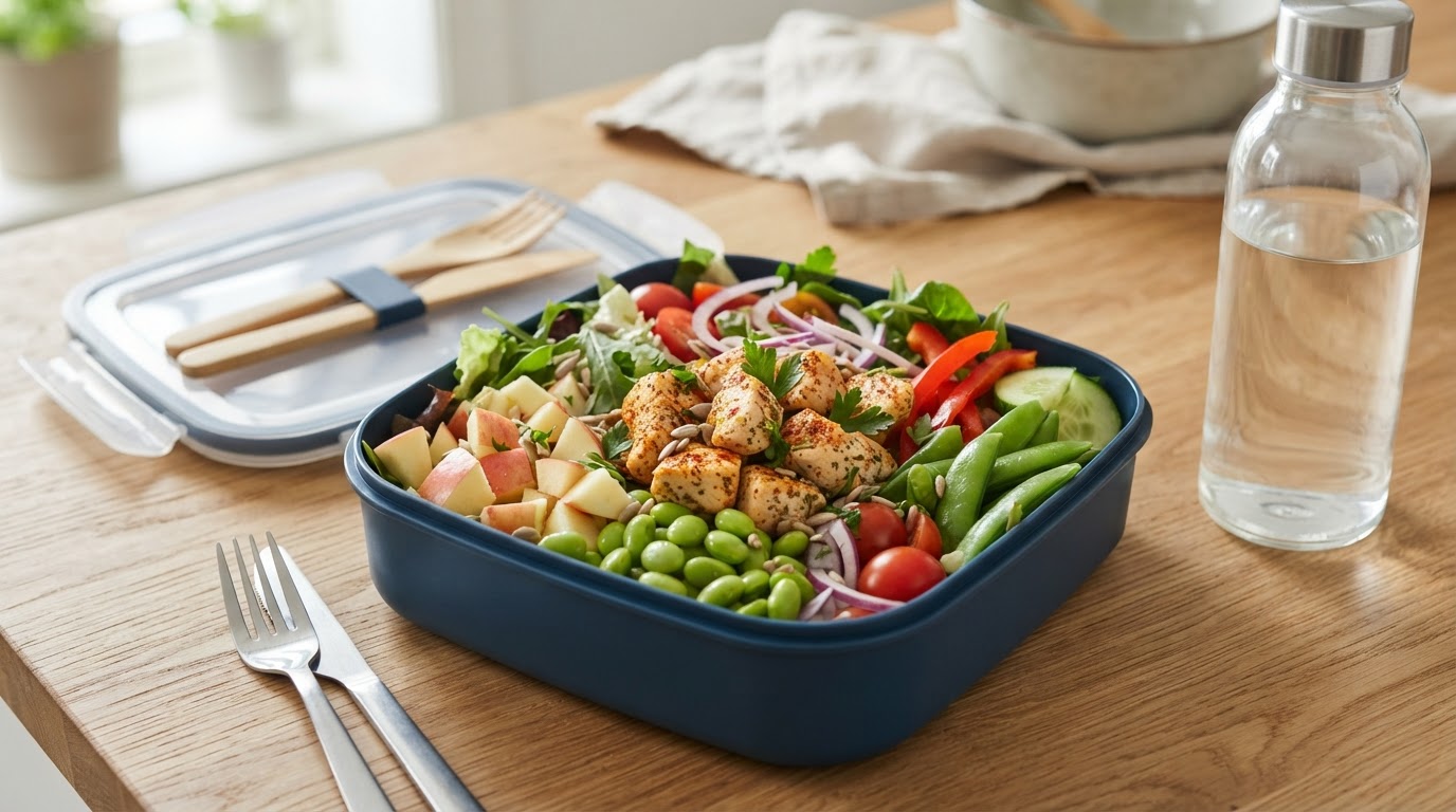 Proteinfrik salatboks med kylling, norske epler og edamame – illustrasjonsbilde