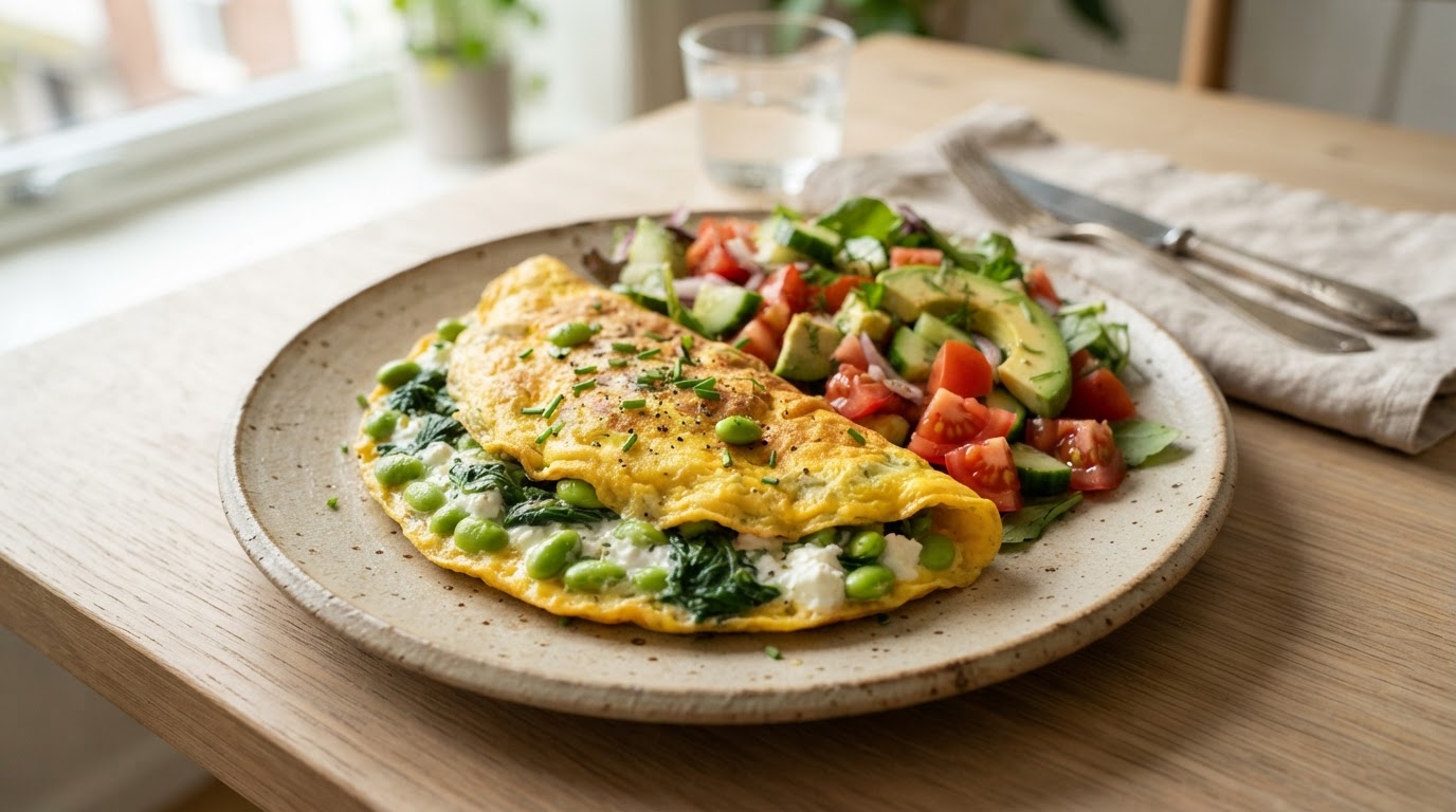 Proteinfull Omelett med Edamamebønner, Spinat og Frisk Salat – slik ser retten ut