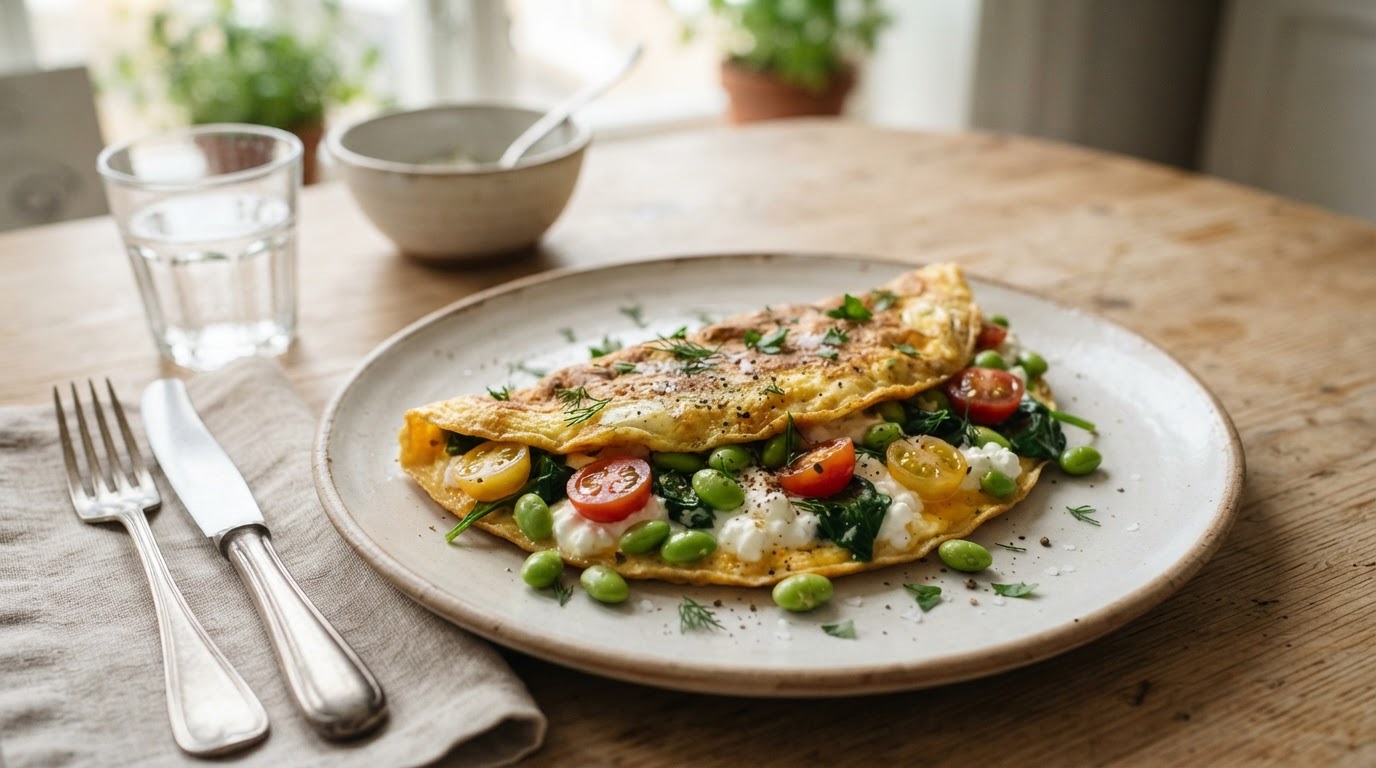 Proteinfylt omelett med cottage cheese, edamame og spinat – illustrasjonsbilde