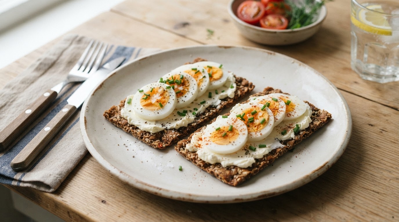Proteinknekkebrød med egg og kremost – illustrasjonsbilde