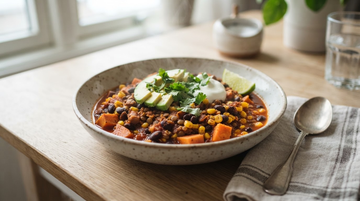 Proteinrik chili sin carne med svarte bønner, søtpotet og fersk mais – illustrasjonsbilde