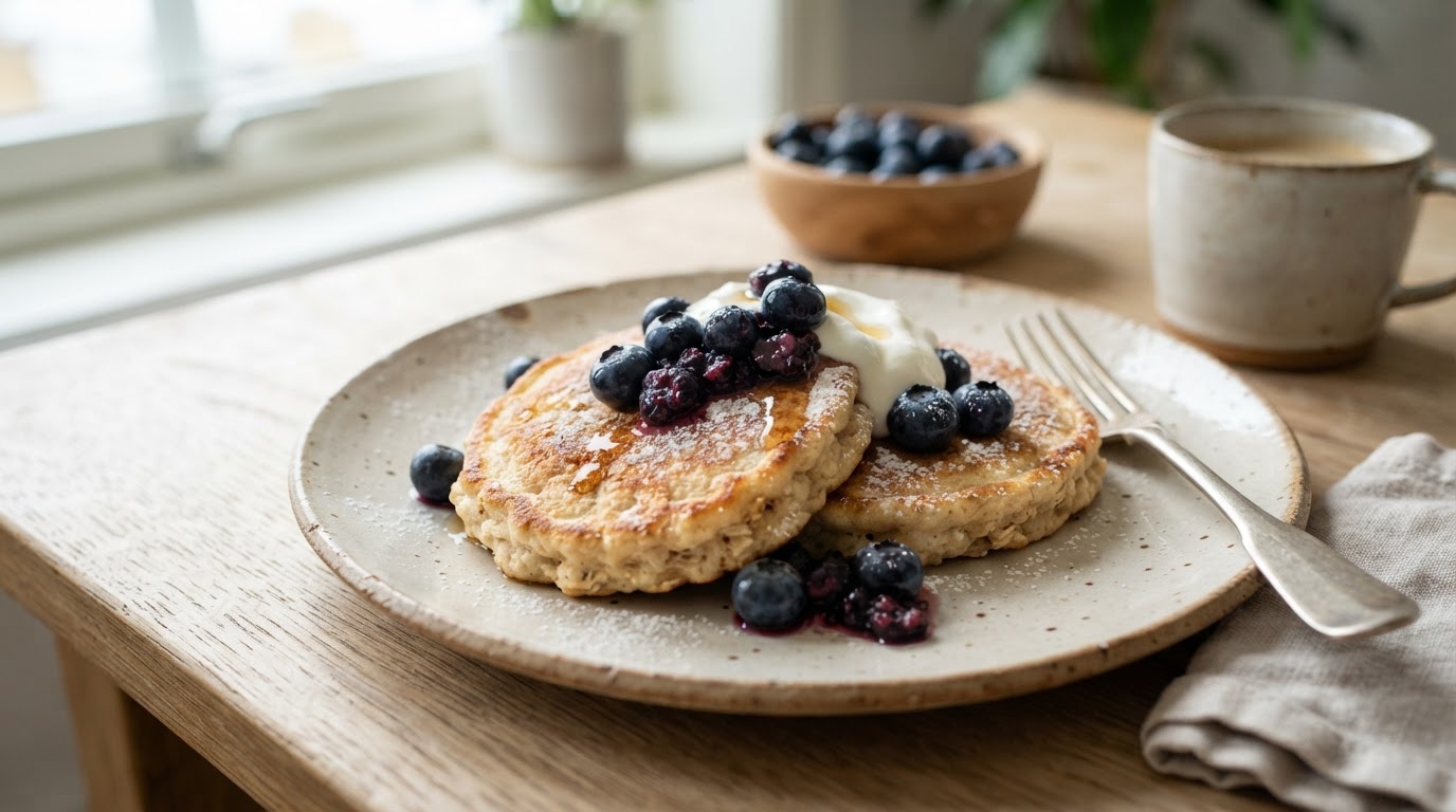 Proteinrik cottage cheese-pannekake med augustblåbær – illustrasjonsbilde