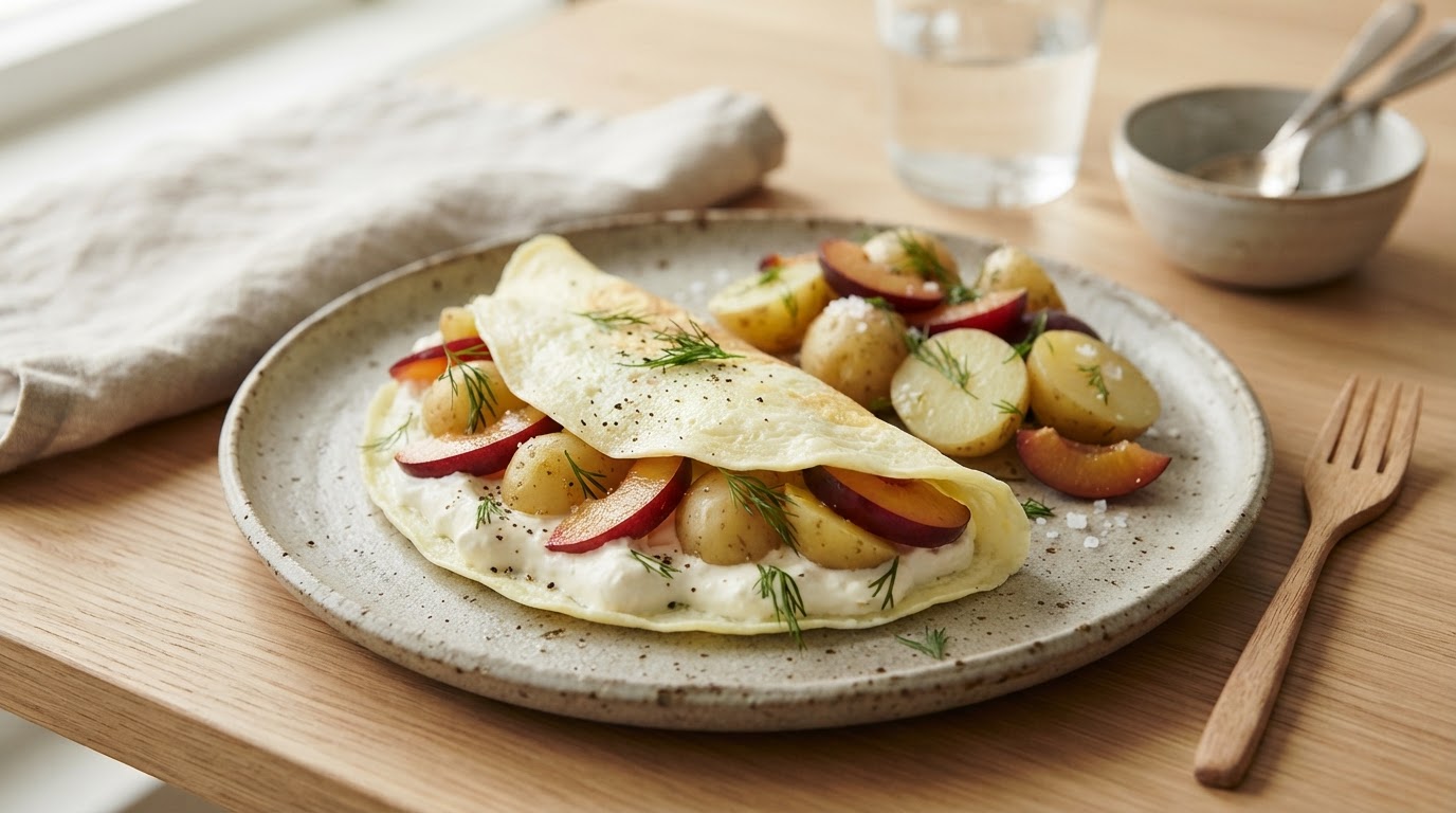 Proteinrik eggehvitewrap med nypoteter og augustplommer – illustrasjonsbilde
