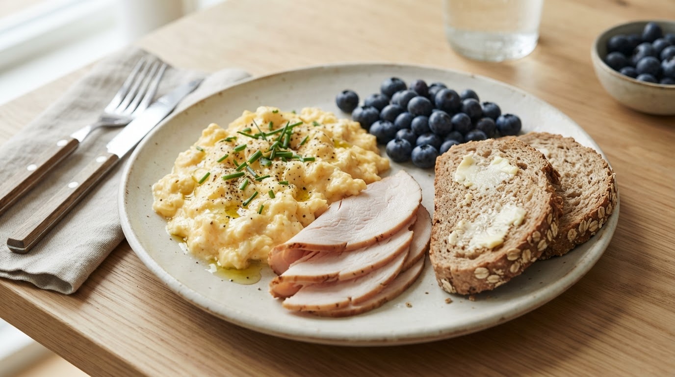 Proteinrik frokost: Kremet røregg med skyr, kalkun og havrebrød – illustrasjonsbilde