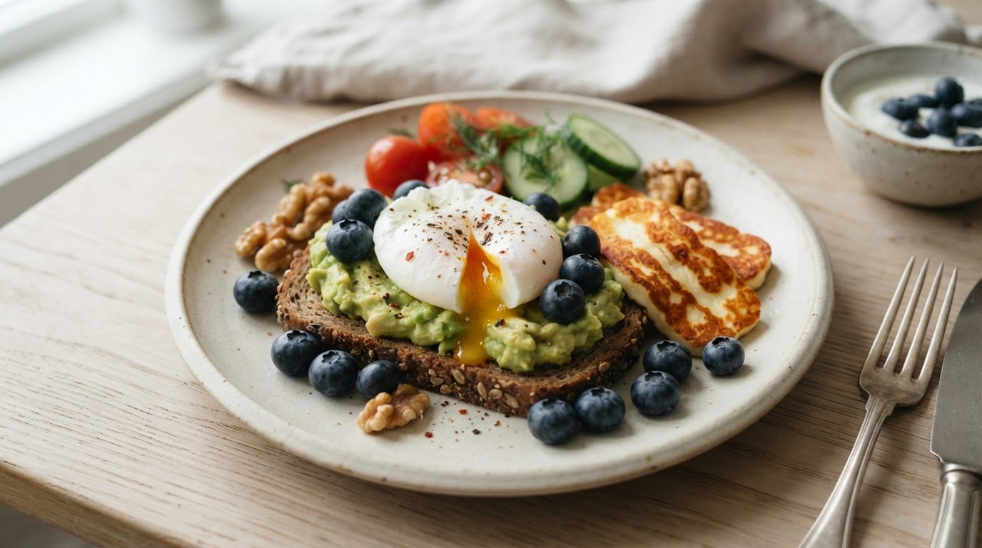 Proteinrik frokost med posjert egg, stekt halloumi og augustblåbær – illustrasjonsbilde