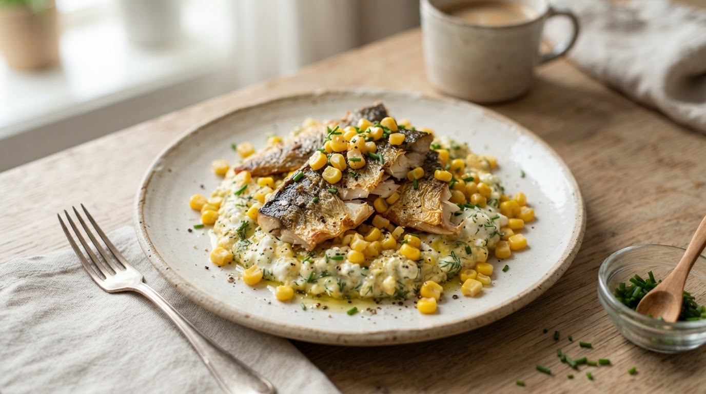 Proteinrik frokost med sprøstekt makrell, fersk mais og cottage cheese – illustrasjonsbilde