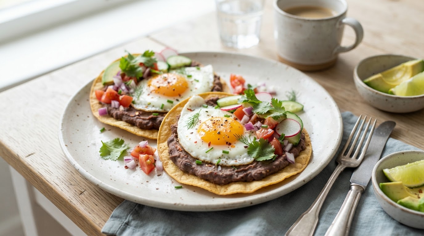 Proteinrik frokost-tostadas med kremet bønnerøre og speilegg – illustrasjonsbilde