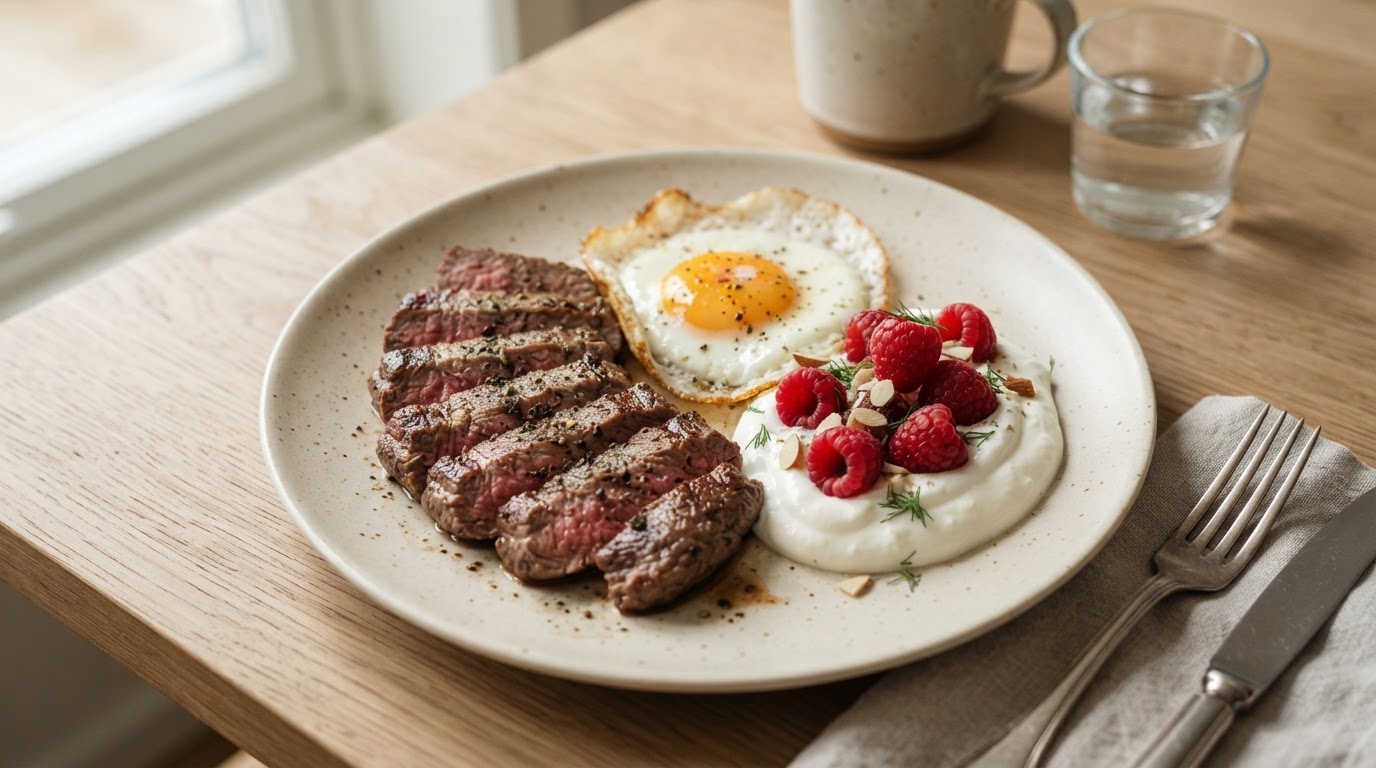 Proteinrik frokostbiff med cottage cheese-krem og friske augustbringebær – illustrasjonsbilde