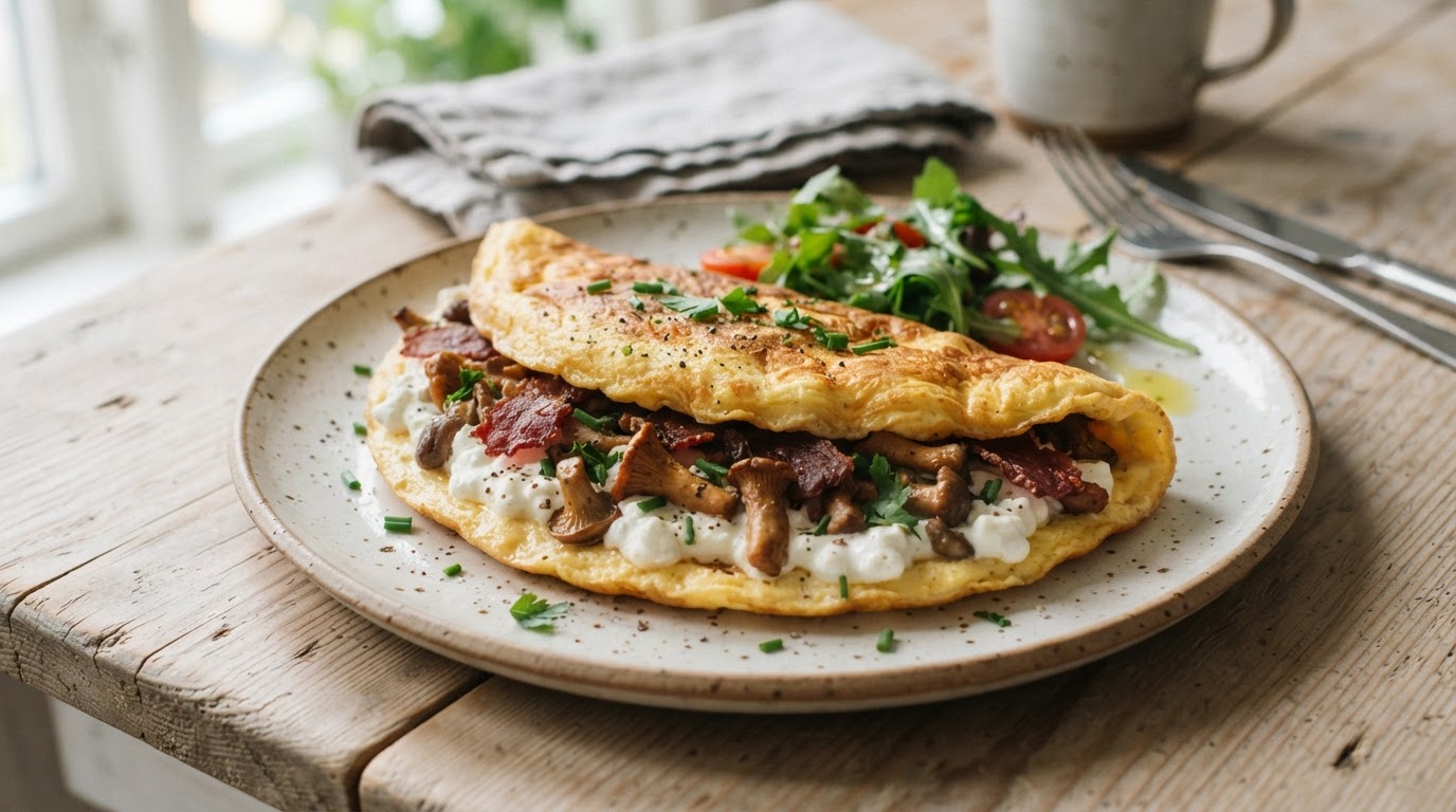Proteinrik frokostomelett med cottage cheese, fersk sopp og storfespekemat – illustrasjonsbilde