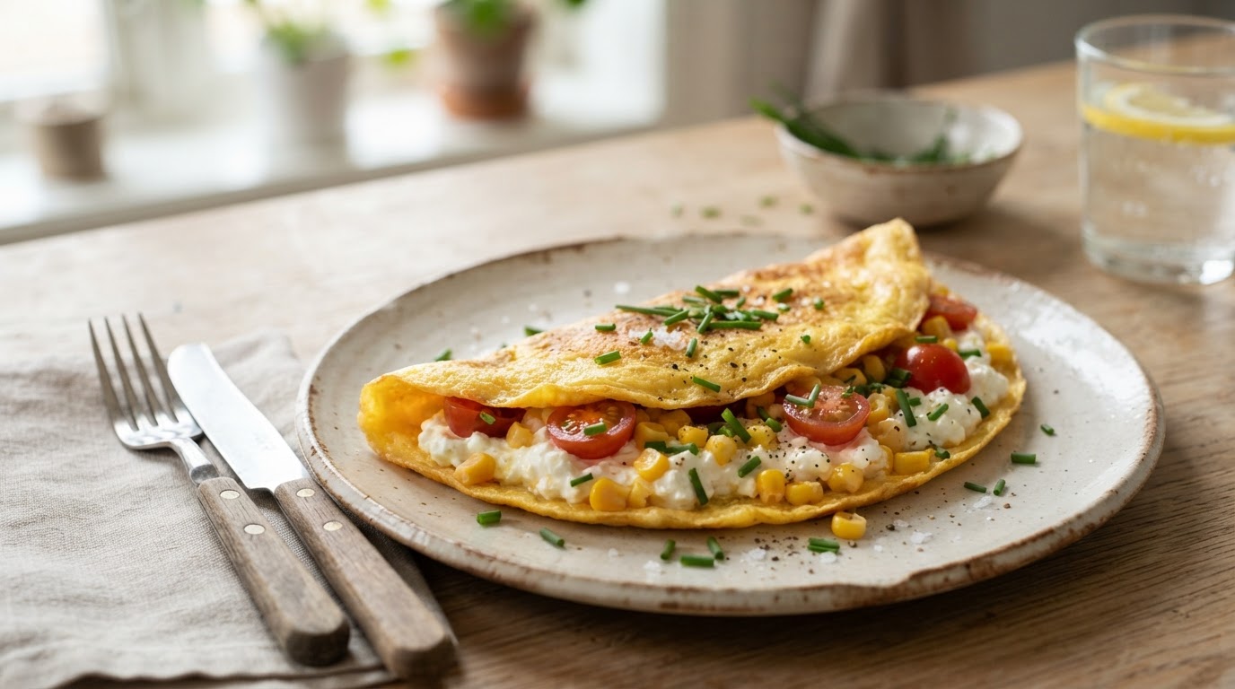 Proteinrik frokostomelett med cottage cheese og fersk mais – illustrasjonsbilde
