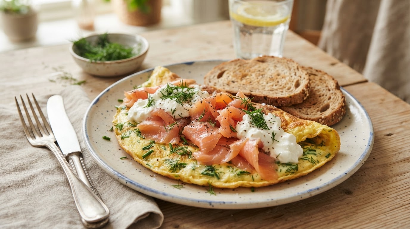 Proteinrik frokostomelett med røkt laks og cottage cheese – illustrasjonsbilde