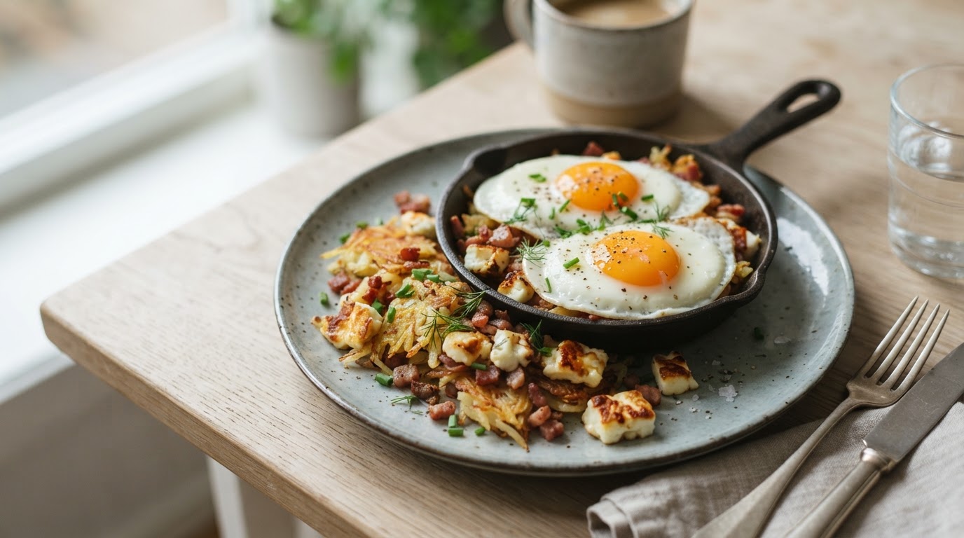 Proteinrik frokostpanne med nypotet, egg og stekt cottage cheese – illustrasjonsbilde