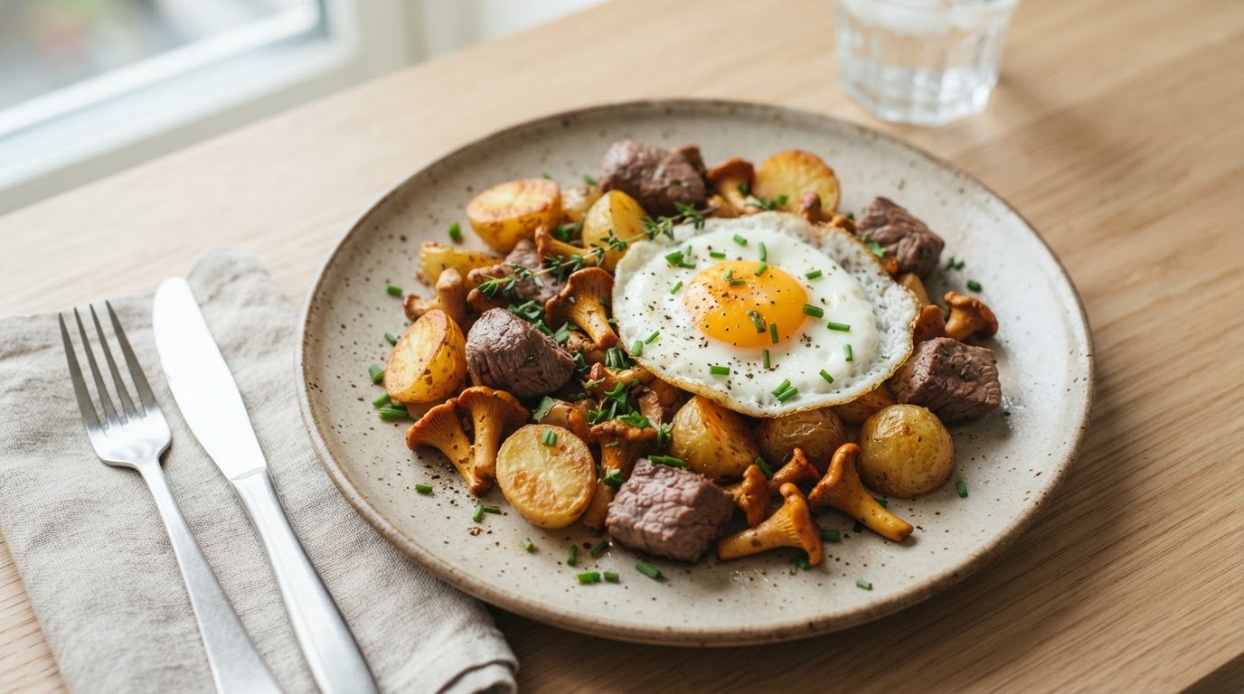 Proteinrik frokostpanne med storfemørbrad, nypoteter og kantareller – illustrasjonsbilde