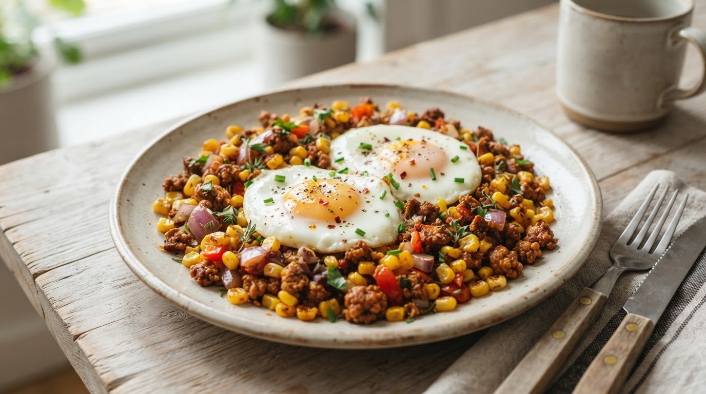 Proteinrik frokostpanne med svinekjøttdeig, fersk mais og egg – illustrasjonsbilde