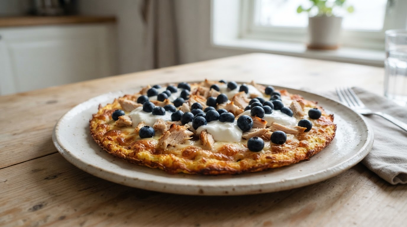 Proteinrik frokostpizza med cottage cheese, kylling og augustblåbær – illustrasjonsbilde
