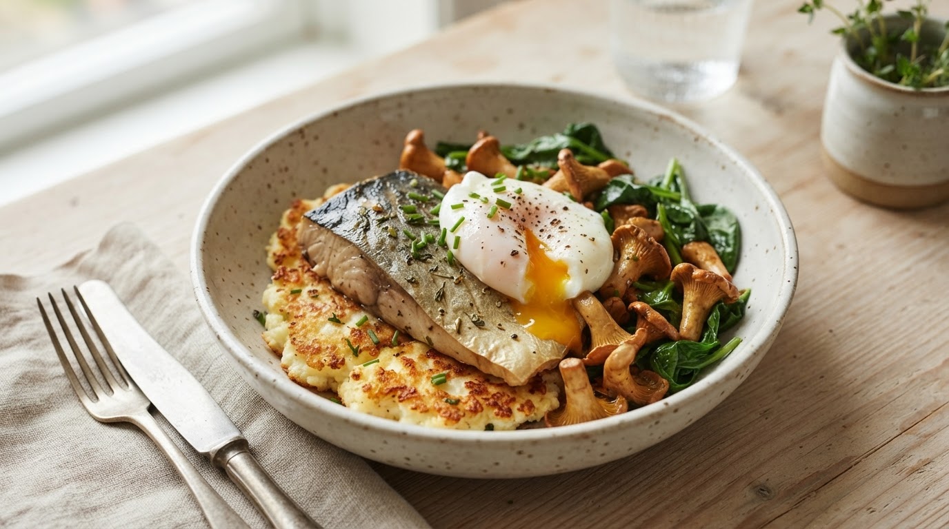 Proteinrik frokostskål med makrell, stekt cottage cheese og posjert egg – illustrasjonsbilde