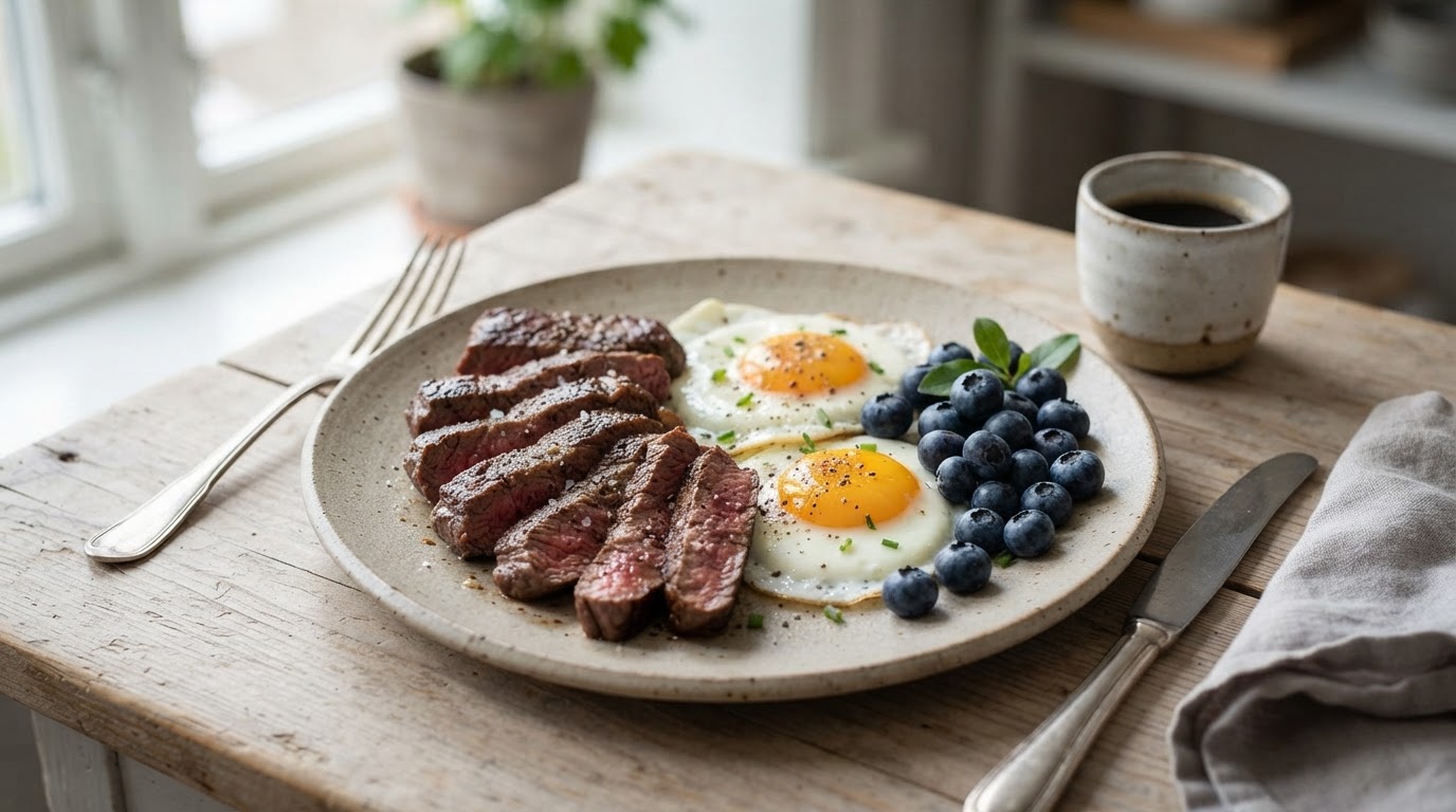 Proteinrik frokosttallerken med biff, speilegg og friske augustblåbær – illustrasjonsbilde