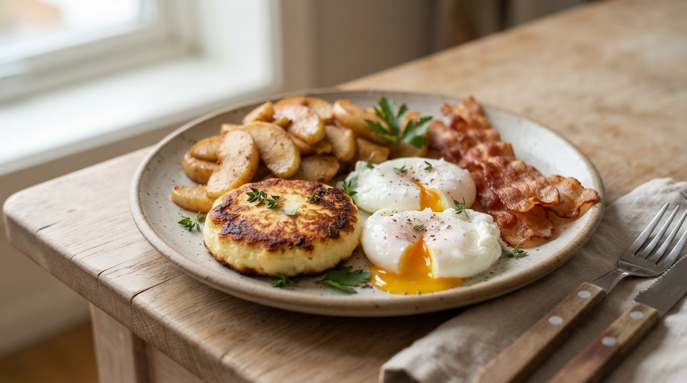Proteinrik frokosttallerken med stekt cottage cheese, eple og posjert egg – illustrasjonsbilde