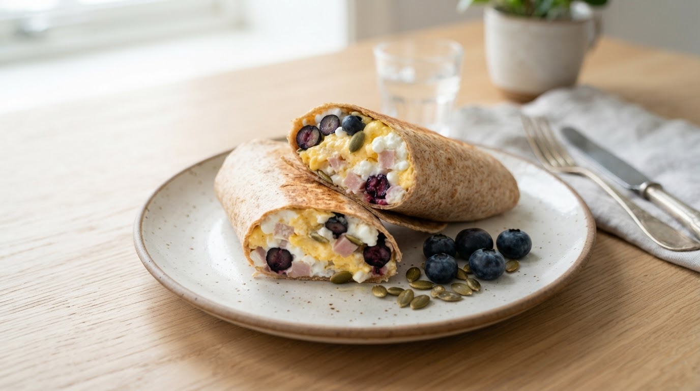 Proteinrik frokostwrap med egg, cottage cheese og augustblåbær – illustrasjonsbilde