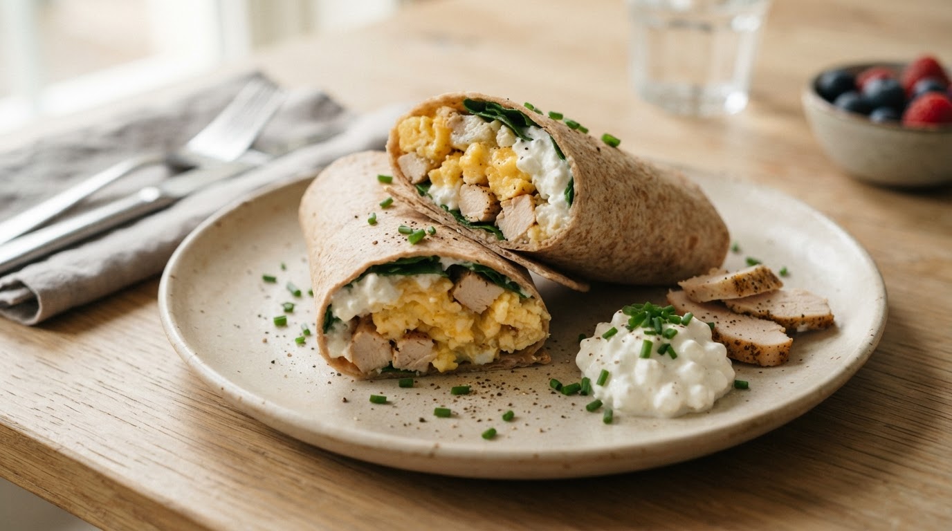 Proteinrik frokostwrap med kylling, eggerøre og cottage cheese – illustrasjonsbilde