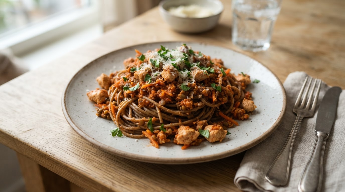 Proteinrik Fullkornspasta Bolognese med Kyllingkjøttdeig – illustrasjonsbilde