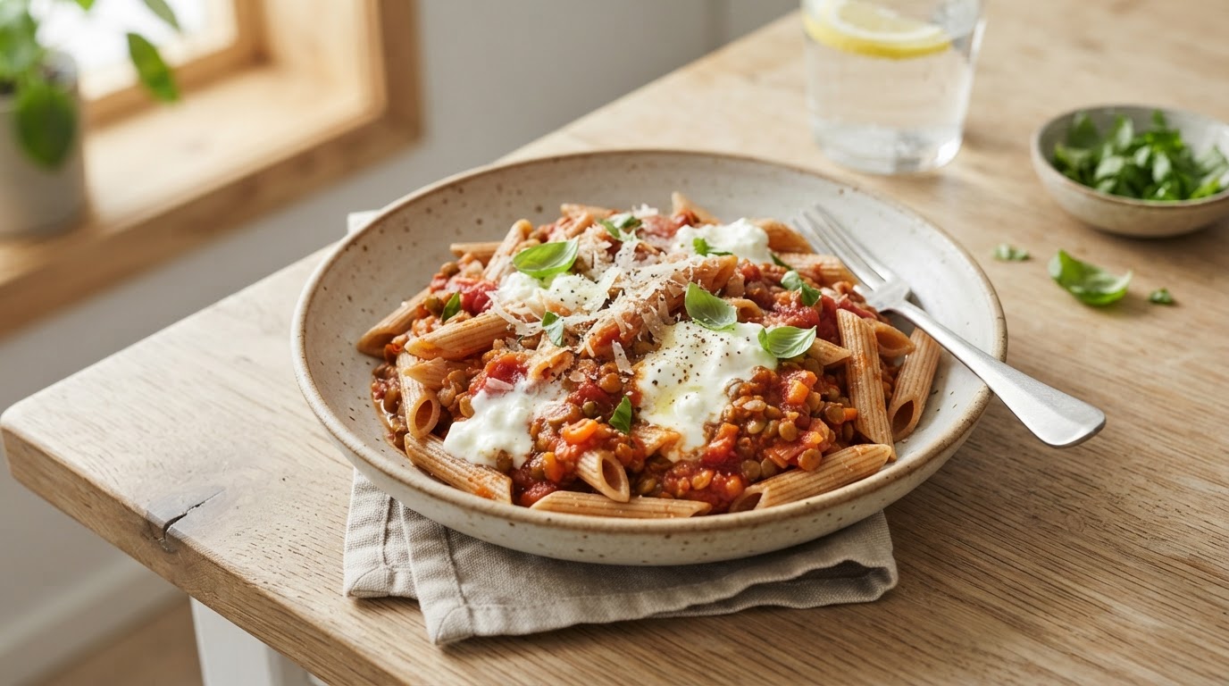 Proteinrik fullkornspasta med linsesaus og cottage cheese – illustrasjonsbilde